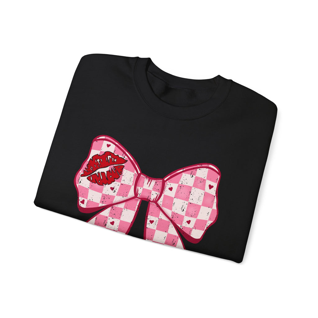 Crewneck Sweatshirt — Pink Checker Bow with Lip Print Sleeve (Valentine’s Day)