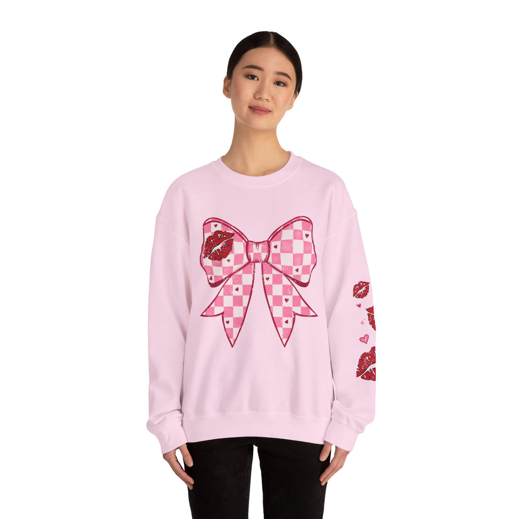 Crewneck Sweatshirt — Pink Checker Bow with Lip Print Sleeve (Valentine’s Day)