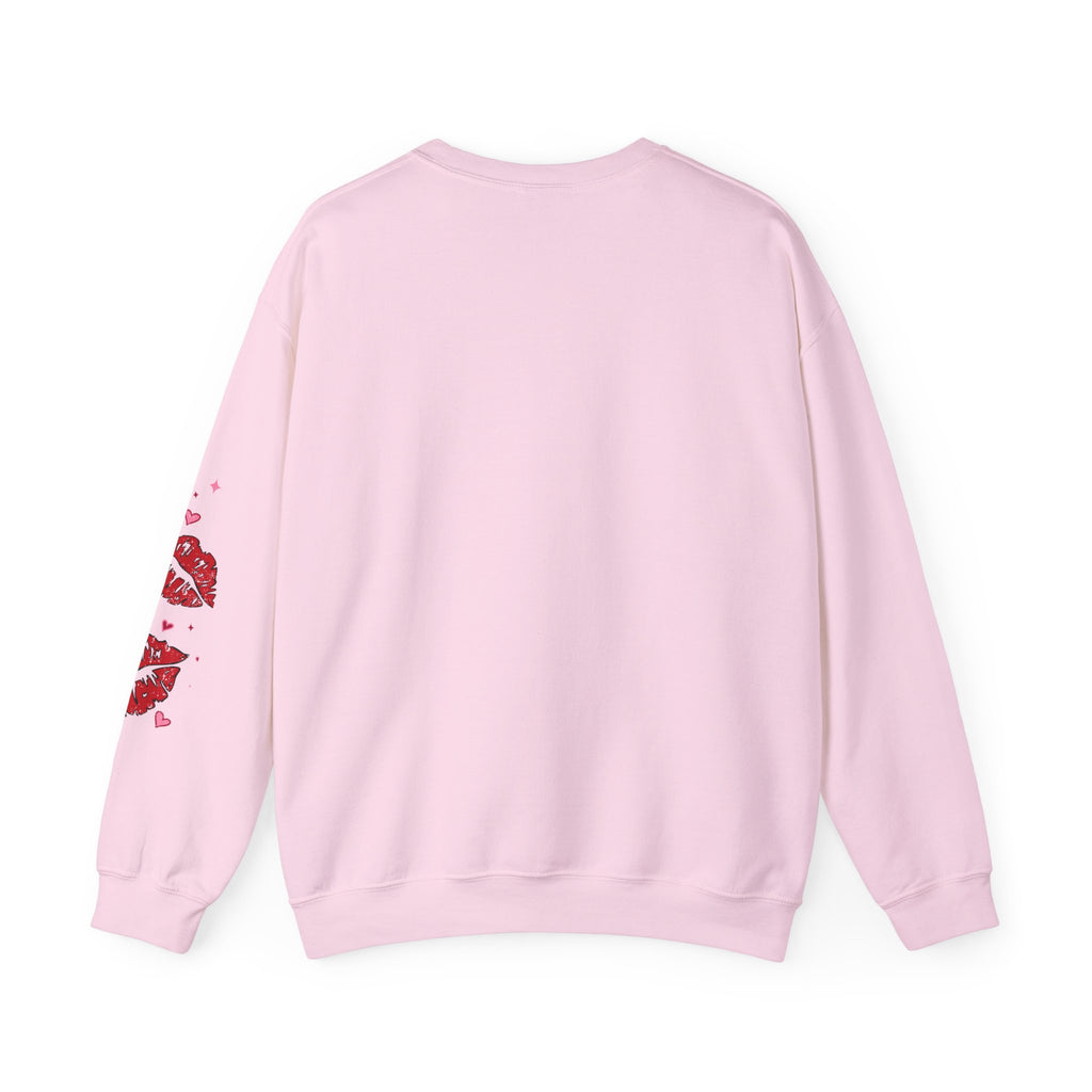 Crewneck Sweatshirt — Pink Checker Bow with Lip Print Sleeve (Valentine’s Day)