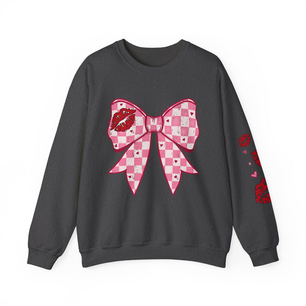Crewneck Sweatshirt — Pink Checker Bow with Lip Print Sleeve (Valentine’s Day)