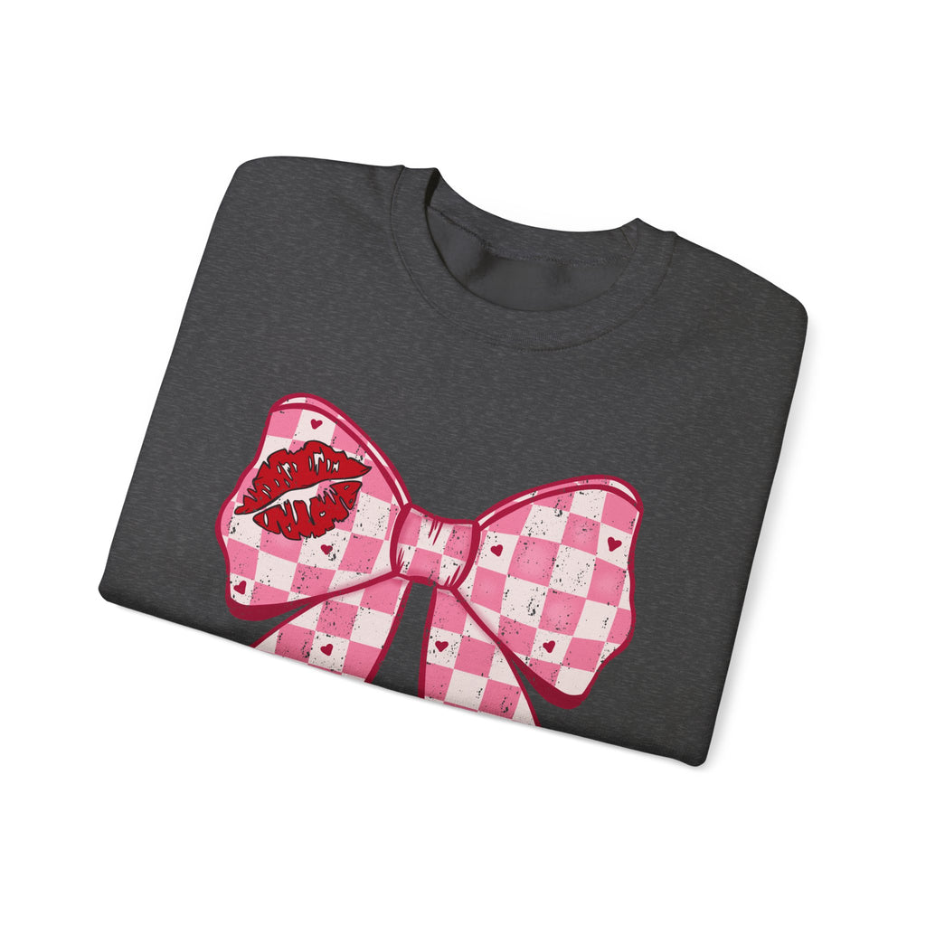 Crewneck Sweatshirt — Pink Checker Bow with Lip Print Sleeve (Valentine’s Day)
