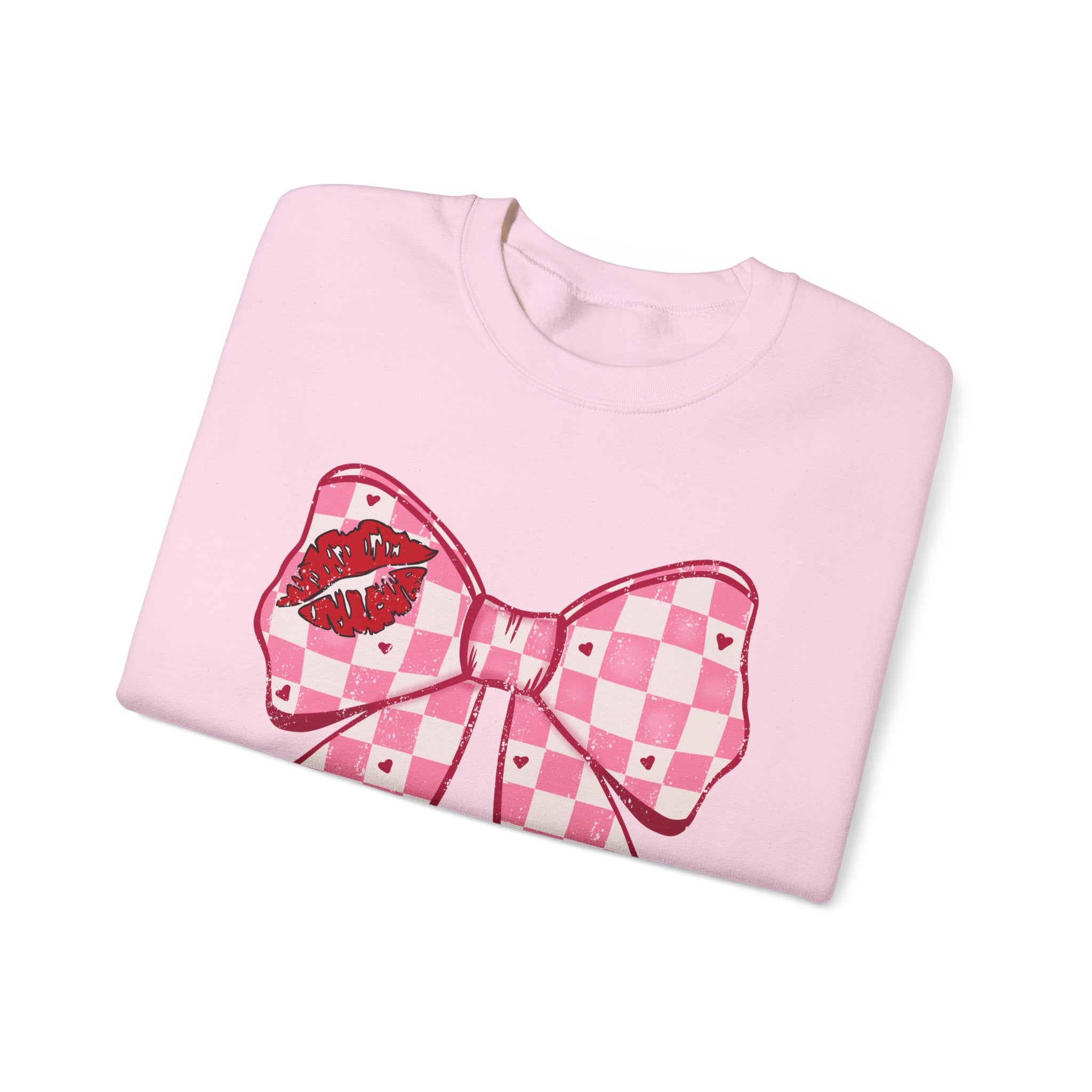 Crewneck Sweatshirt — Pink Checker Bow with Lip Print Sleeve (Valentine’s Day)
