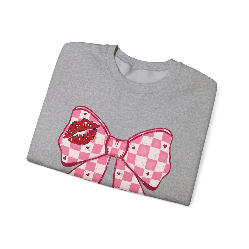Crewneck Sweatshirt — Pink Checker Bow with Lip Print Sleeve (Valentine’s Day)