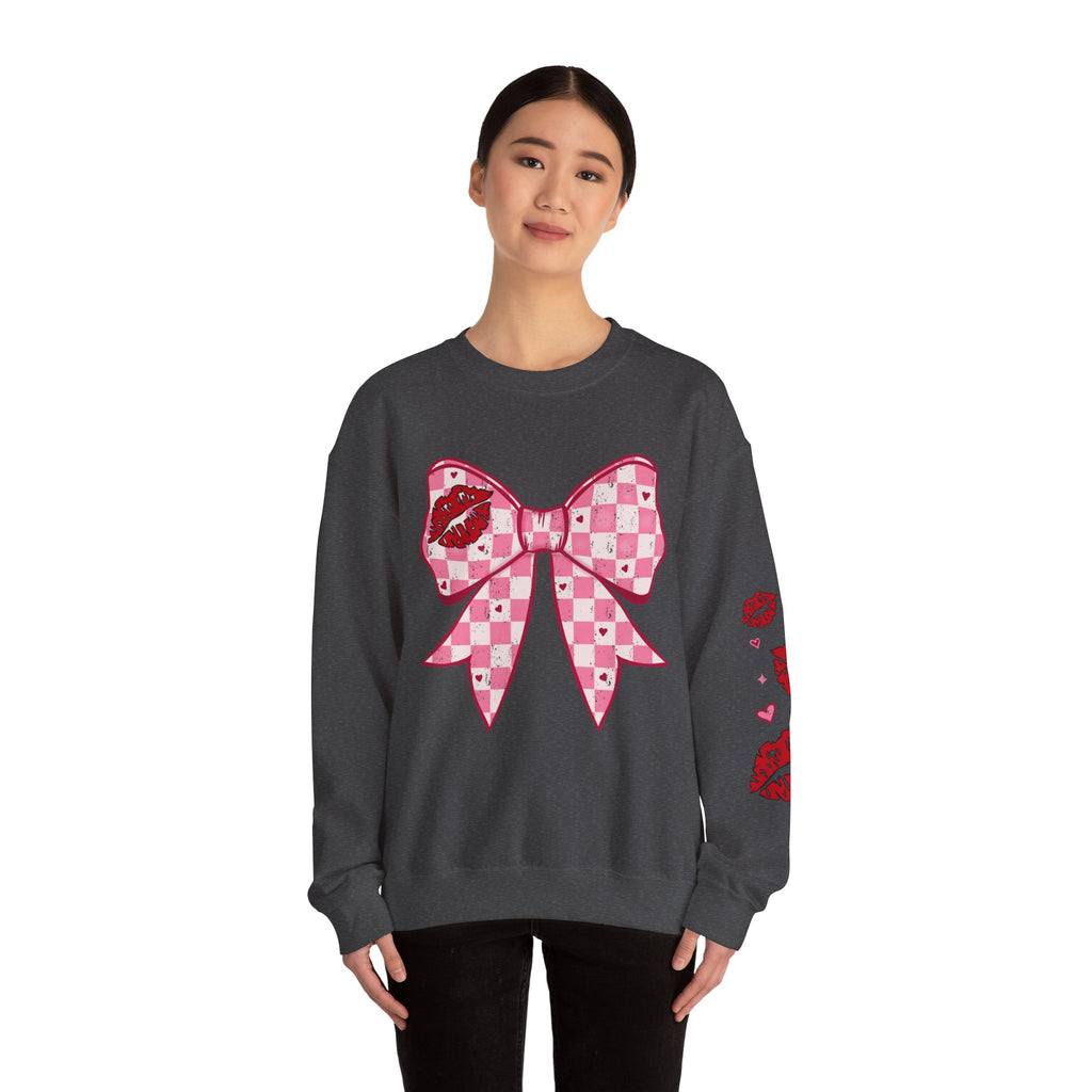Crewneck Sweatshirt — Pink Checker Bow with Lip Print Sleeve (Valentine’s Day)