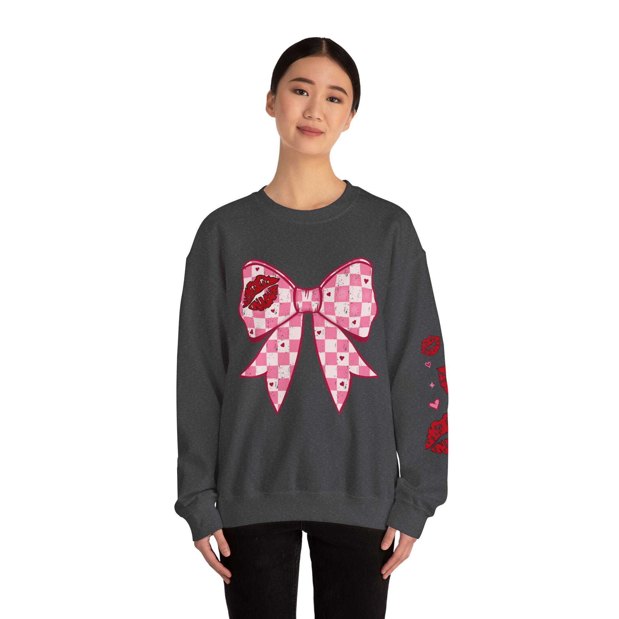 Crewneck Sweatshirt — Pink Checker Bow with Lip Print Sleeve (Valentine’s Day)