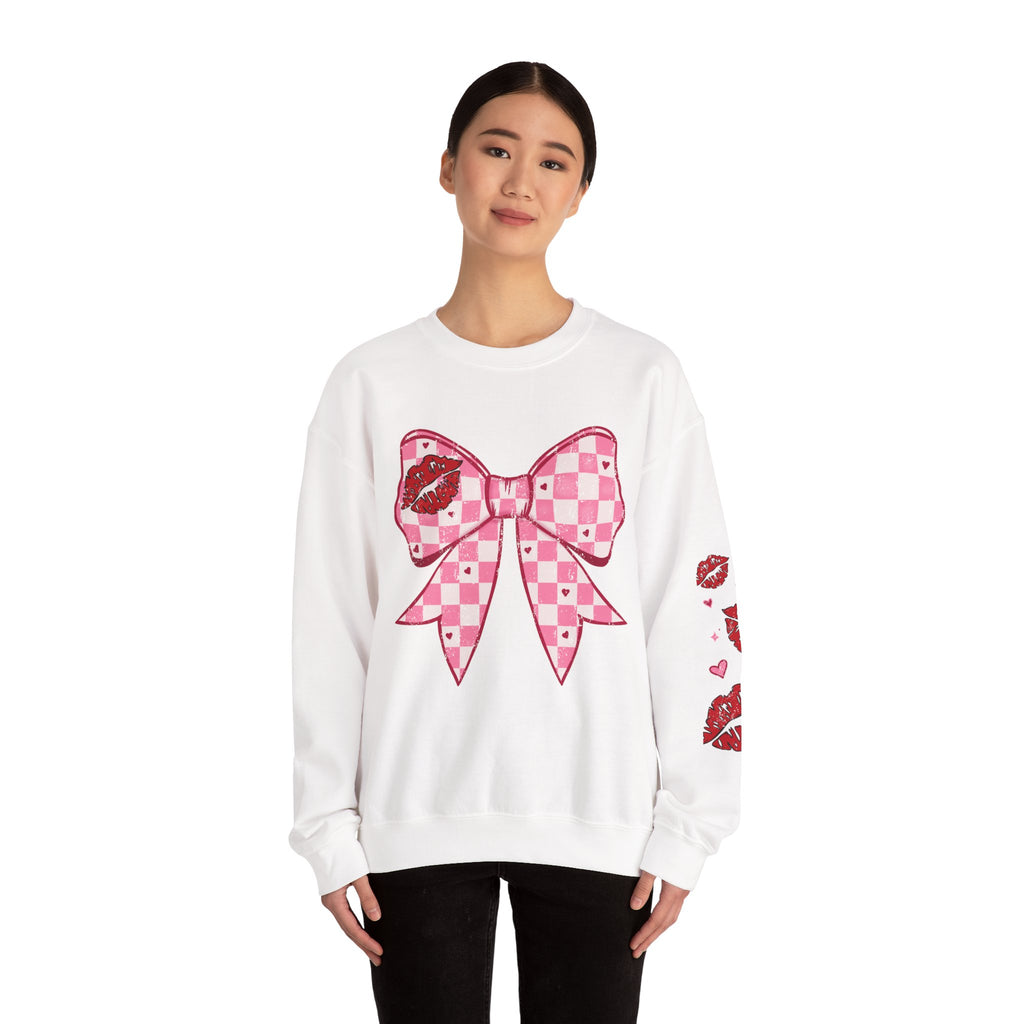 Crewneck Sweatshirt — Pink Checker Bow with Lip Print Sleeve (Valentine’s Day)