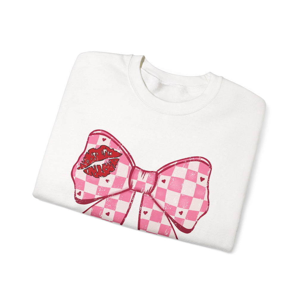 Crewneck Sweatshirt — Pink Checker Bow with Lip Print Sleeve (Valentine’s Day)