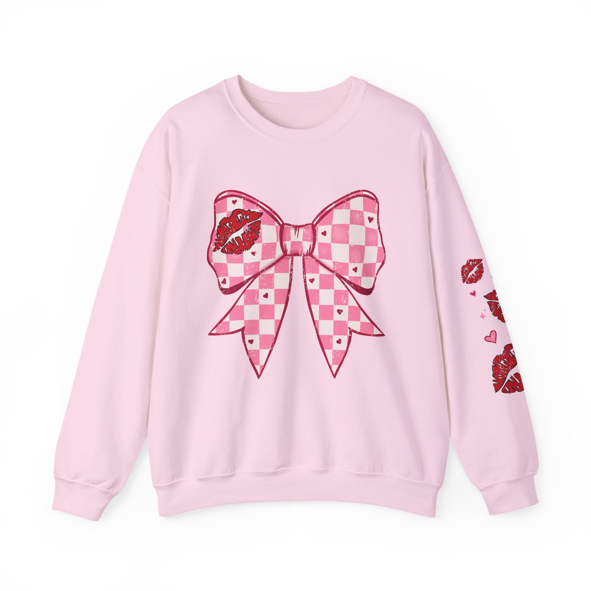 Crewneck Sweatshirt — Pink Checker Bow with Lip Print Sleeve (Valentine’s Day)