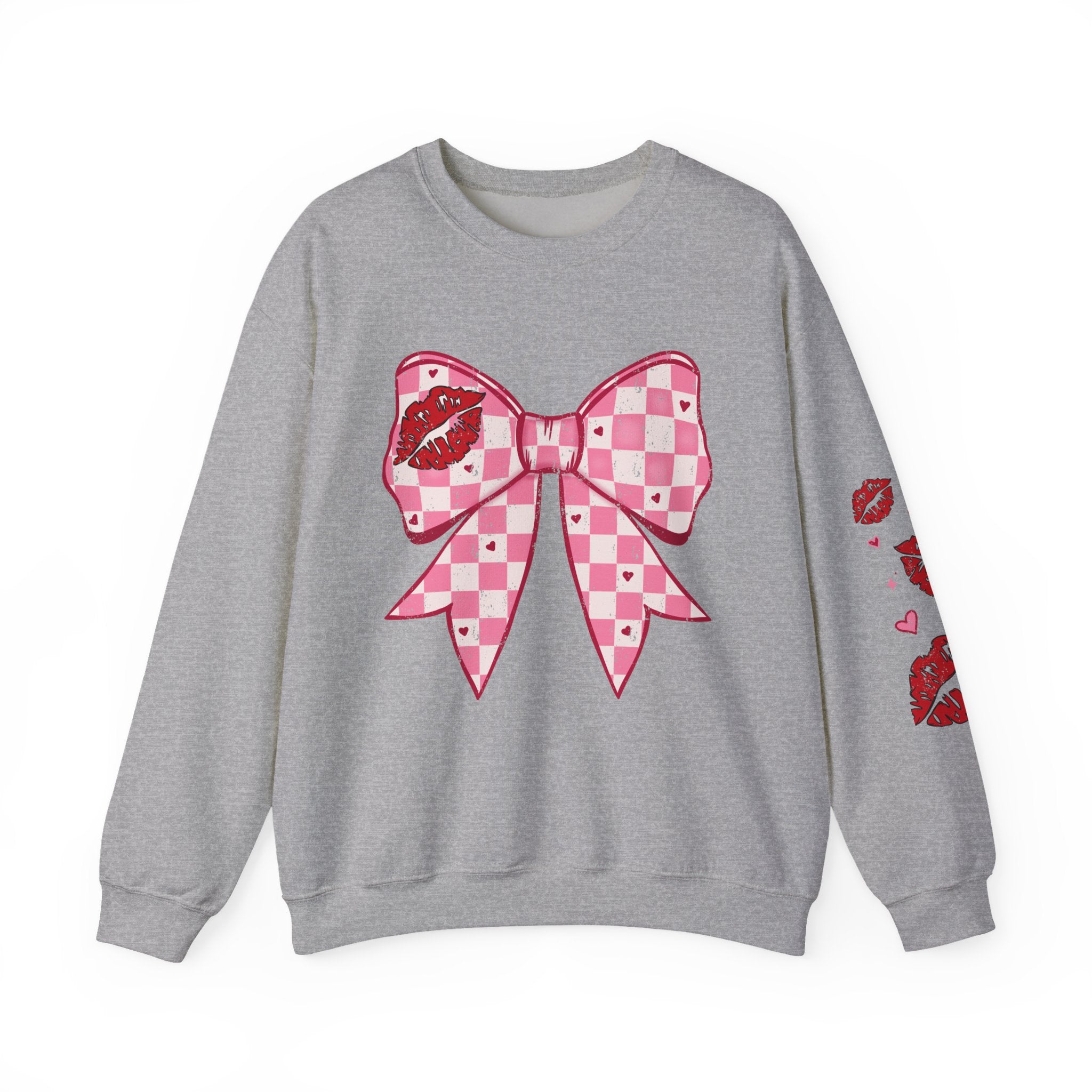 Crewneck Sweatshirt — Pink Checker Bow with Lip Print Sleeve (Valentine’s Day)