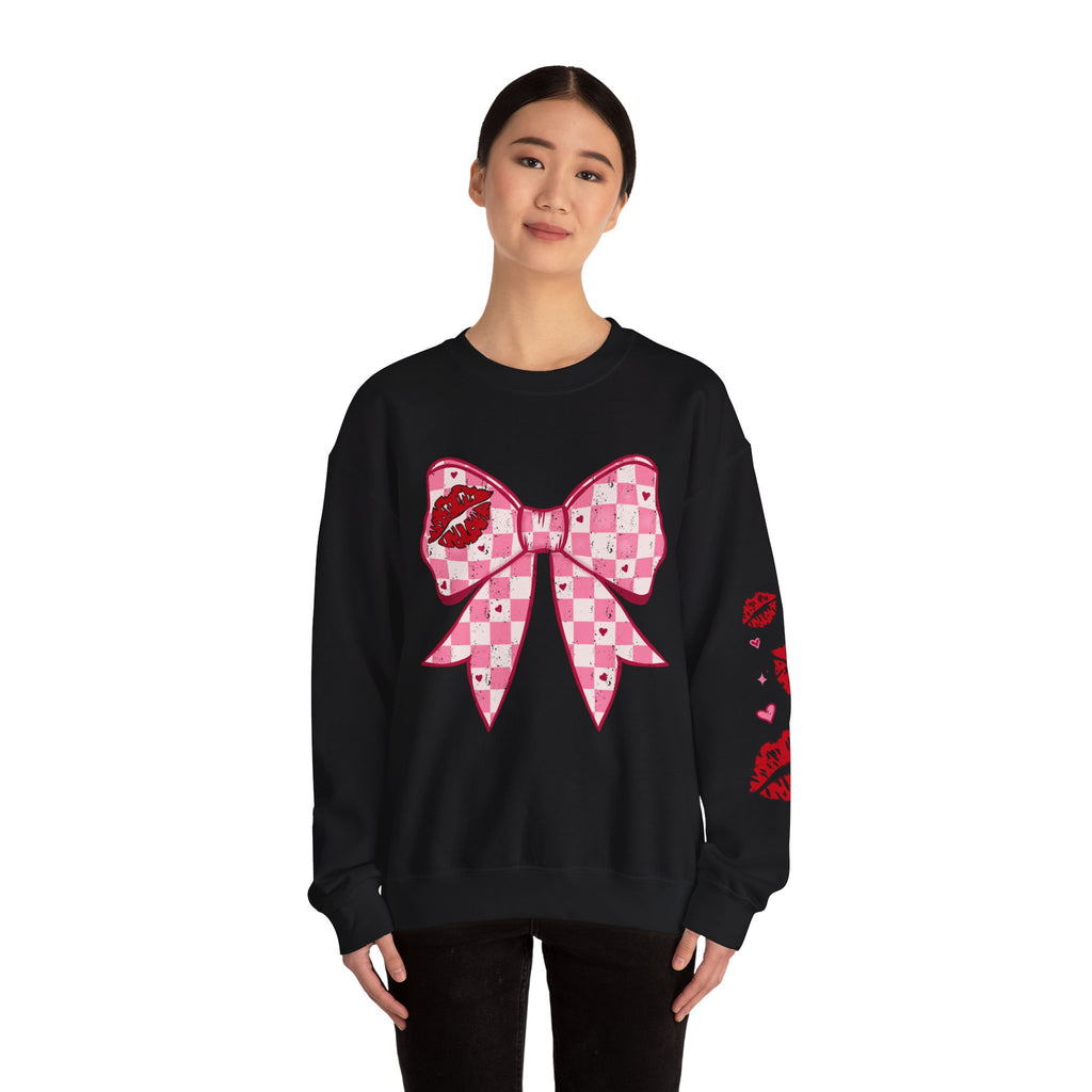 Crewneck Sweatshirt — Pink Checker Bow with Lip Print Sleeve (Valentine’s Day)