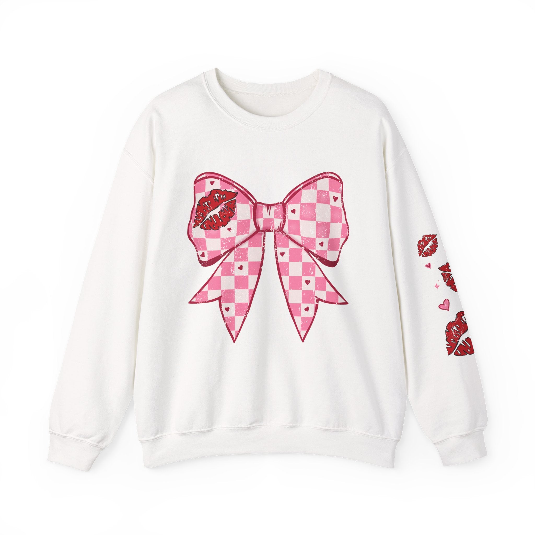 Crewneck Sweatshirt — Pink Checker Bow with Lip Print Sleeve (Valentine’s Day)