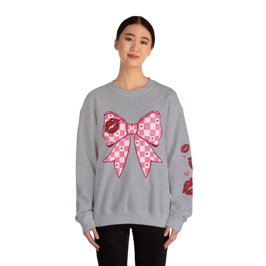 Crewneck Sweatshirt — Pink Checker Bow with Lip Print Sleeve (Valentine’s Day)